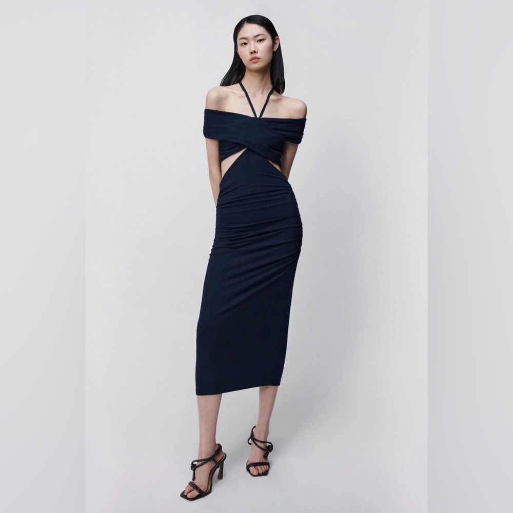JONATHAN SIMKHAI STANDARD Akane Midi Dress in NAVY Sz M - Picture 8 of 8